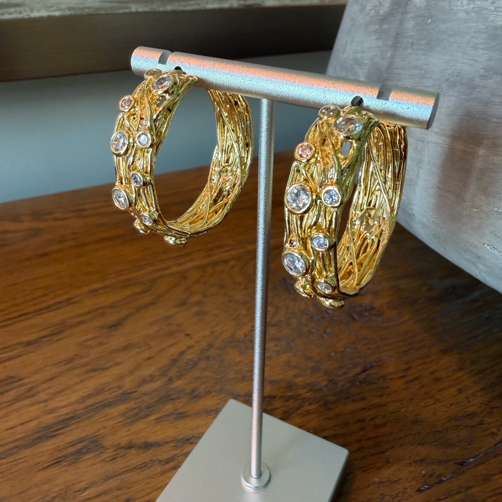 Vintage Gold Tone and Rhinestone Hoop Earrings
